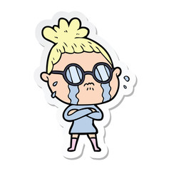 sticker of a cartoon crying woman wearing spectacles