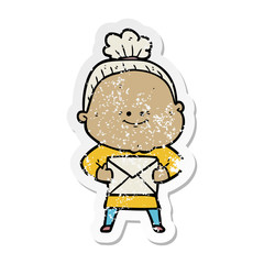 distressed sticker of a cartoon happy old woman