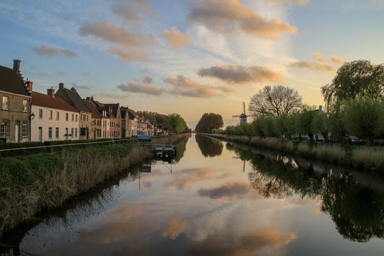 Picturesque view on the Damse Vaart canal in the village of Damme near Bruges