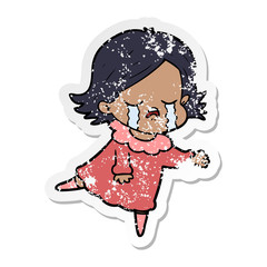 distressed sticker of a cartoon girl crying