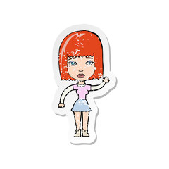 retro distressed sticker of a cartoon waving woman