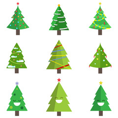 Set of christmas tree with garland, toy, snow isolated on white background. Merry xmas, happy new year concept. Vector cartoon design for greeting card.