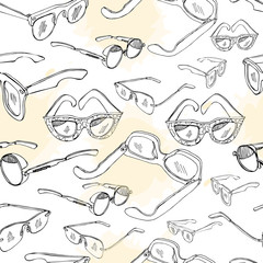 Seamless pattern of hand drawn sunglasses. Monochrome sketch objects and light yellow spot isolated on white background.
