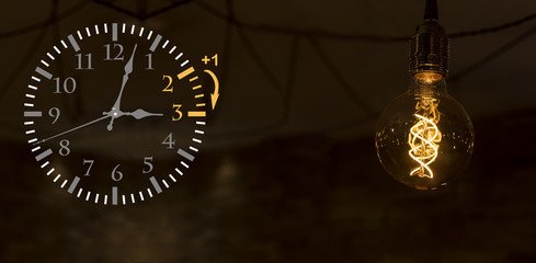 Daylight Saving Time. DST. Wall Clock going to winter time. Turn time forward.
