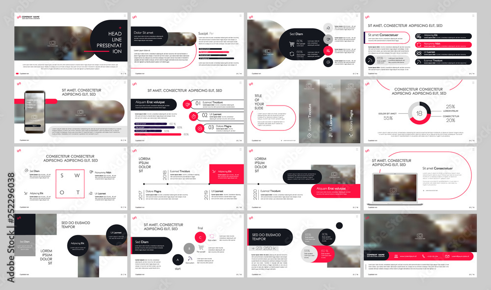 Aufkleber presentation template. red and black elements for slide presentations on a white background. use als