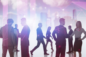 Business people in red city, network interface