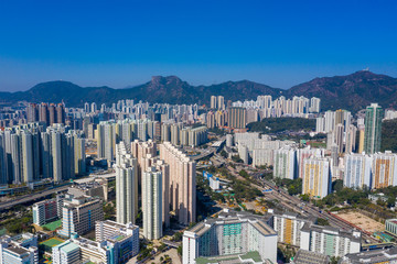 Hong Kong city with lion rock mountain