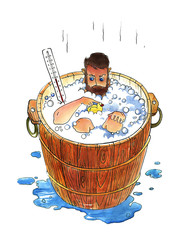 Male contraception. A man bathes in a wooden bath. Humorous watercolor illustration