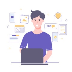 The guy in deadline state is working on a laptop. Employee is shocked. Around the elements: pictures, likes, new messages, certificate, letter, incoming call, folder, site layout. Vector illustration.