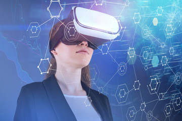 Businesswoman in VR glasses, graph and network