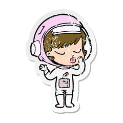 distressed sticker of a cartoon pretty astronaut girl