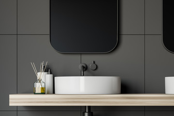 Close up gray tile bathroom with sink - obrazy, fototapety, plakaty