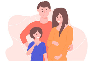 The family stands together. Young dad, pregnant mom, cute little daughter. Vector illustration.