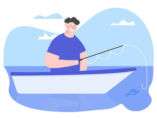 Man is fishing, sitting in a boat in the sea. Fisherman is a tourist, amateur active hobby. Odd character on a blue background. Vector illustration.