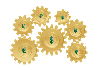 Golden currency gear set with world currency symbols.