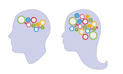 Human Brain with Gears on head of Woman and Man - Illustration