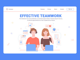 Effective teamwork. Sharing resources. Man and woman with laptops. Marketing department, development or managers. Around activity icons: message, letter, phone, document, folder. Landing page template