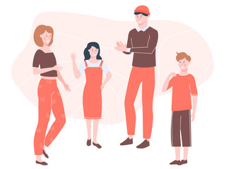 Group of four children standing in a circle. Talking, discussing interests, classmates. Vector illustration. Characters: two children and two teenagers. Boys and girls.