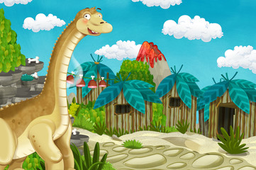 cartoon cavemen village scene with volcano and dinosaur diplodocus in the background - illustration for children