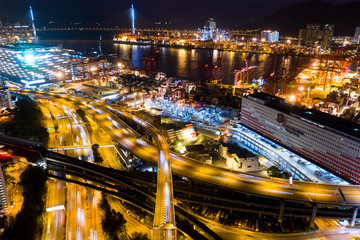 Fototapeta na wymiar Top down view of Kwai Tsing Container Terminals in Hong Kong at night
