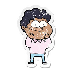 distressed sticker of a cartoon happy man