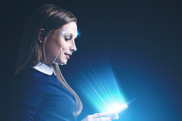 Face recognition technology, woman with phone