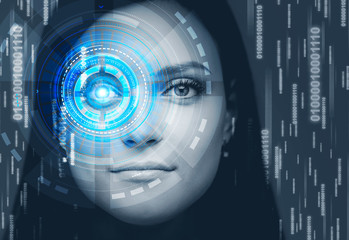 Woman head, face recognition technology, hud