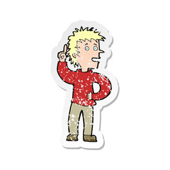 retro distressed sticker of a cartoon boy with idea