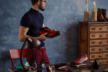 handmade shoe is ready for sale .close up photoindividual shoe and bootmaker