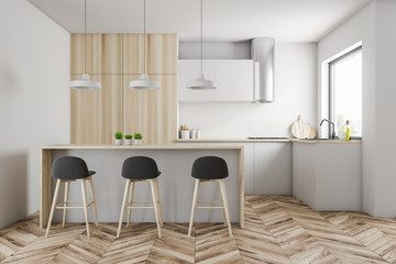 White and wooden kitchen with bar