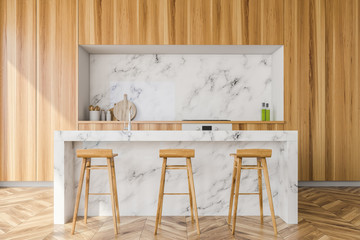 Fototapeta na wymiar Wooden kitchen with countertops and bar