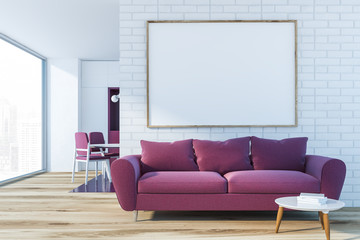 White living room interior, red sofa and poster