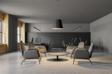 Gray office lounge interior with armchairs