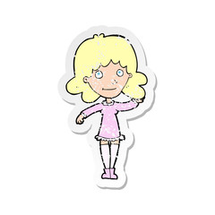 retro distressed sticker of a cartoon friendly woman waving