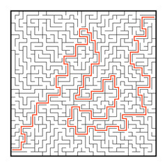 Abstract square maze. Game for kids. Puzzle for children. One entrance, one exit. Labyrinth conundrum. Flat vector illustration isolated on white background. With answer.