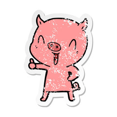 distressed sticker of a happy cartoon pig