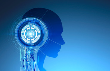 Obraz premium Robot head with hud over blue background