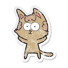distressed sticker of a happy cartoon cat