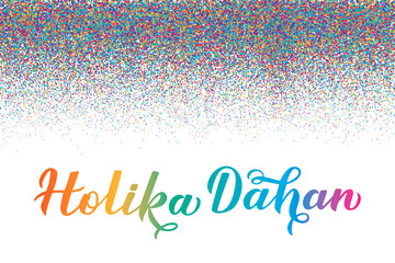 Holika Dahan  calligraphy lettering  with colorful dots confetti. Indian Traditional Holi festival of colors. Hindu celebration poster. Vector template for party invitations, banners, flyers, etc.