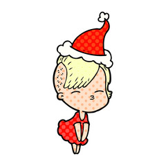 comic book style illustration of a squinting girl in dress wearing santa hat