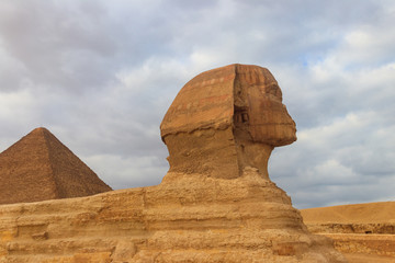 Egyptian Great Sphinx and pyramids of Giza in Cairo, Egypt