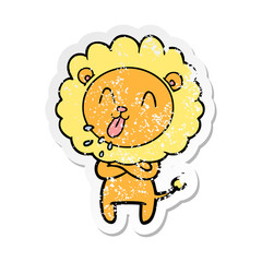 distressed sticker of a happy cartoon lion