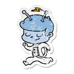 distressed sticker of a friendly cartoon spaceman running