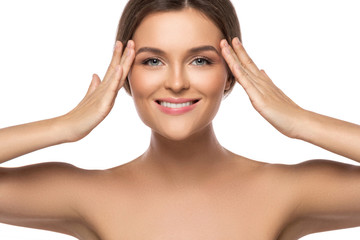 Naklejka premium Portrait of young beautiful woman on white background