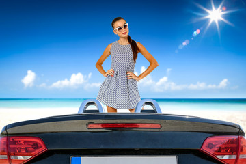 Fototapeta na wymiar Summer car and slim young woman 