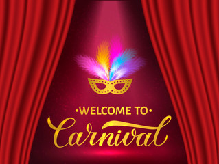 Welcome to Carnival gold lettering with mask and feather on bright background. Easy to edit template for Masquerade party poster, banner, flyer, invitation, logo, card. Vector illustration.
