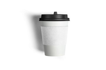 Blank white paper coffee cup with plastic lid mock up isolated. Empty polystyrene coffee drinking mug mock up front view. Clear plain tea take away package.