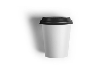 Blank white paper coffee cup with plastic lid mock up isolated. Empty polystyrene coffee drinking mug mock up front view. Clear plain tea take away package.