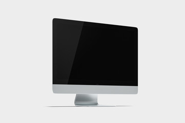 Monoblock Computer .Monoblock frame monitor with blank black screen isolated on white background. 3D rendering.