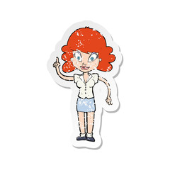 retro distressed sticker of a cartoon happy woman with idea